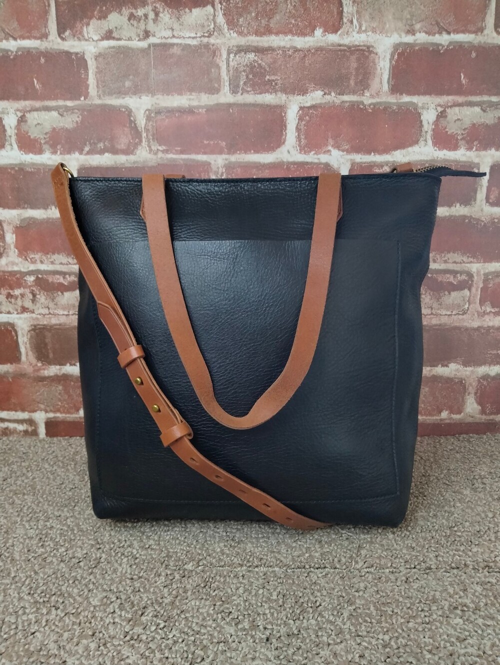 Madewell Zip Top Medium Transport Tote Bag - Black Leather Brown Straps Purse